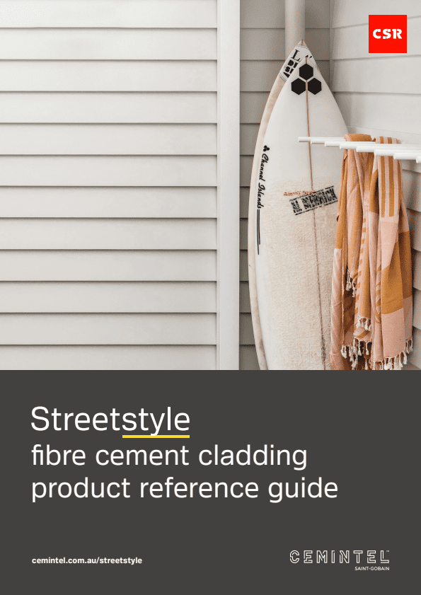 A surfboard and striped towels hang beside light grey fibre cement cladding. Text reads: "Streetstyle fibre cement cladding product reference guide." Logos for CSR and Cemintel appear on the image.