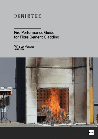 Cover of the "Fire Performance Guide for Fibre Cement Cladding" white paper by Cemintel, dated June 2019. The cover features a large furnace with a fire blazing inside, used for fire resistance testing.