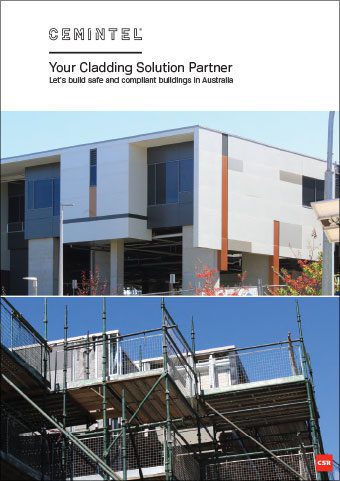 The image features two photographs of modern buildings with cladding, accompanied by text that reads, "Cemintel. Your Cladding Solution Partner. Let's build safe and compliant buildings in Australia." The CSR logo is visible in the bottom right corner.