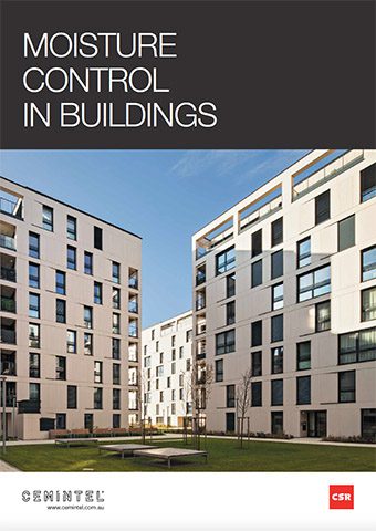 Cover image of a guide titled "Moisture Control in Buildings" featuring a modern apartment complex with white and beige facades, numerous windows, and a central courtyard. Branding includes "Cemintel" and "CSR" logos at the bottom.