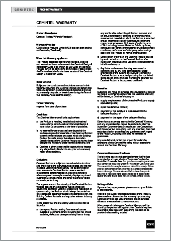 An image of a document titled "CEMINTEC WARRANTY". The text includes sections such as "Product Description," "Warranty Period," "What the Warranty Applies to," "Sales Channel," "Term of Warranty," "This Warranty Will Not Apply Where," "Remedies," "Statutory Protections," and "Making a Claim.