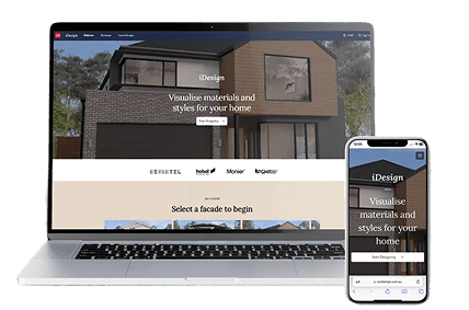 A laptop and smartphone display the same home design website called "iDesign," featuring a modern house and options to visualize materials and styles for a home facade.