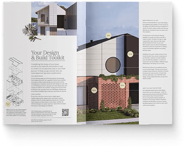 An open brochure displays modern house designs with architectural diagrams, photos of homes, and text about a design and build toolkit. The layout includes greenery, geometric details, and highlighted building features.