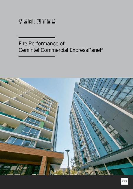 A brochure cover titled "Fire Performance of Cemintel Commercial ExpressPanel庐" showing two modern high-rise buildings with balconies and windows set against a clear sky. The image appears to be part of a promotional or informational document by CSR.