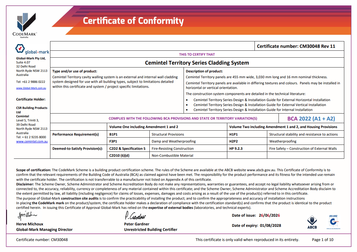 Certificate of Conformity for Cemintel Territory Series Cladding System, showing certification details, product description, compliance requirements, and official signatures. Document includes logos, reference numbers, and a validity date of 26/06/2025.