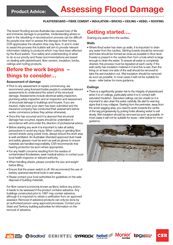 An informational flyer titled "Assessing Flood Damage" provides guidelines on addressing flood damage to various construction materials, including plasterboard, insulation, and roofing. It includes text on preparation and repair steps, along with small images of damaged walls.