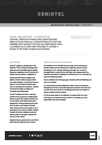 An information page from Cemintel Territory about maintenance instructions. The document describes the composition of Cemintel panels, maintenance care, inspection, repair requirements, and includes contact information and logos at the bottom.