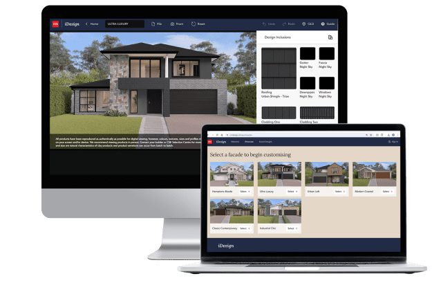 A desktop and laptop display home design software. The desktop shows a modern house exterior with design options. The laptop depicts a selection of different home facades for customization.