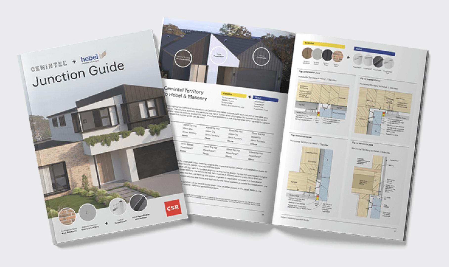 Image of a "Cemintel + Hebel Junction Guide" booklet. The cover shows a modern house, and the booklet is open to pages with diagrams and color samples for construction details.